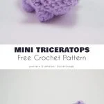 Two crocheted mini triceratops toys, resembling baby dinosaurs, are featured in purple and green. The image showcases a free crochet pattern by LouiesLoops.