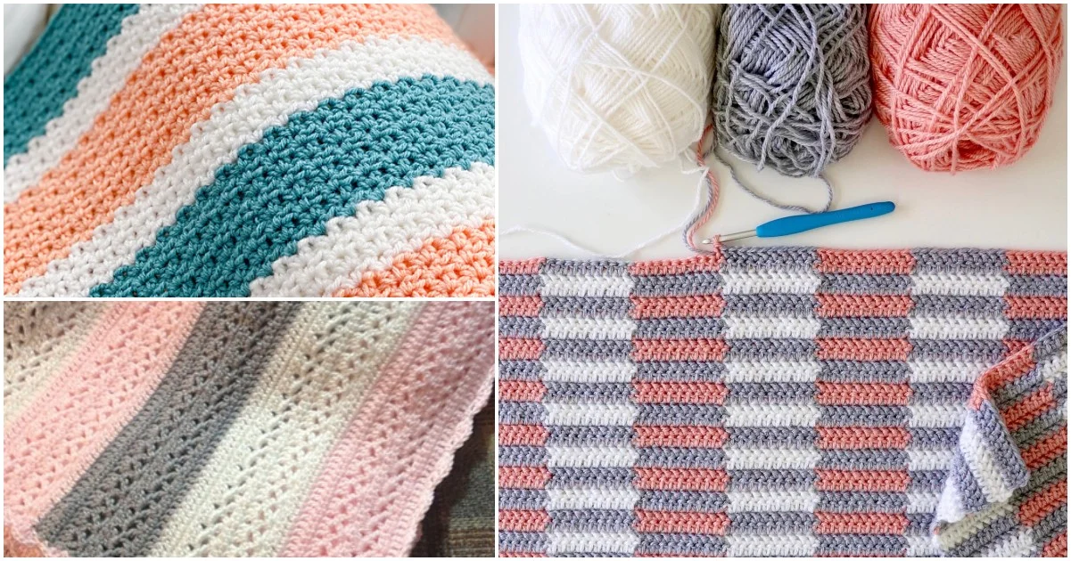 Various crochet projects are shown in progress and completed, including a summer stripe baby blanket in vibrant colors like teal, peach, and gray. Balls of yarn and a crochet hook complete the cozy scene.