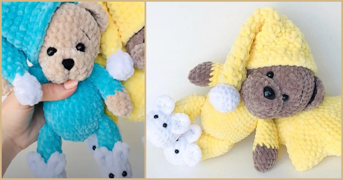 Two adorable teddy bears wearing pajamas and nightcaps, one in blue and the other in yellow, are shown.