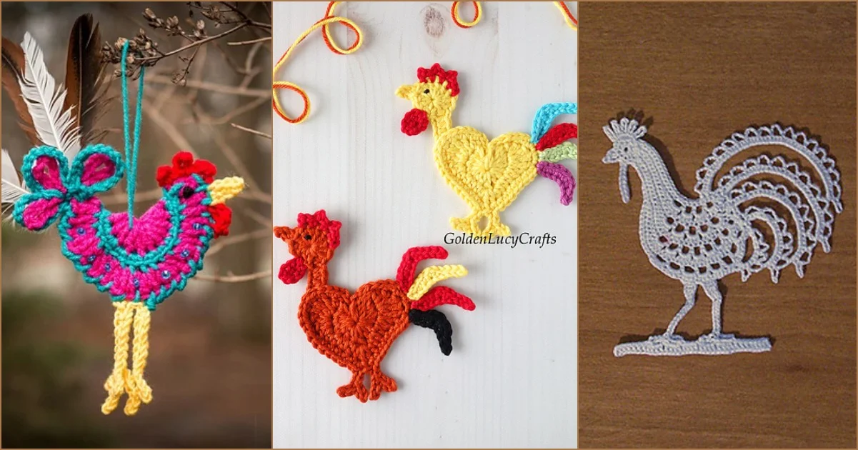 Three crochet rooster crafts: a colorful rooster applique with a feather, two small roosters in red and yellow, and an intricate white rooster crochet pattern on a wooden background.