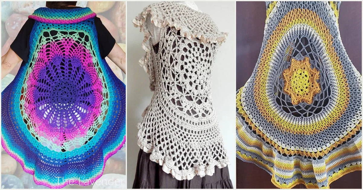 Three crocheted shawls displayed: one with vibrant rainbow colors, one in neutral tones with lace detailing, and one in earth tones featuring a circular motif reminiscent of a cozy velvet blanket.