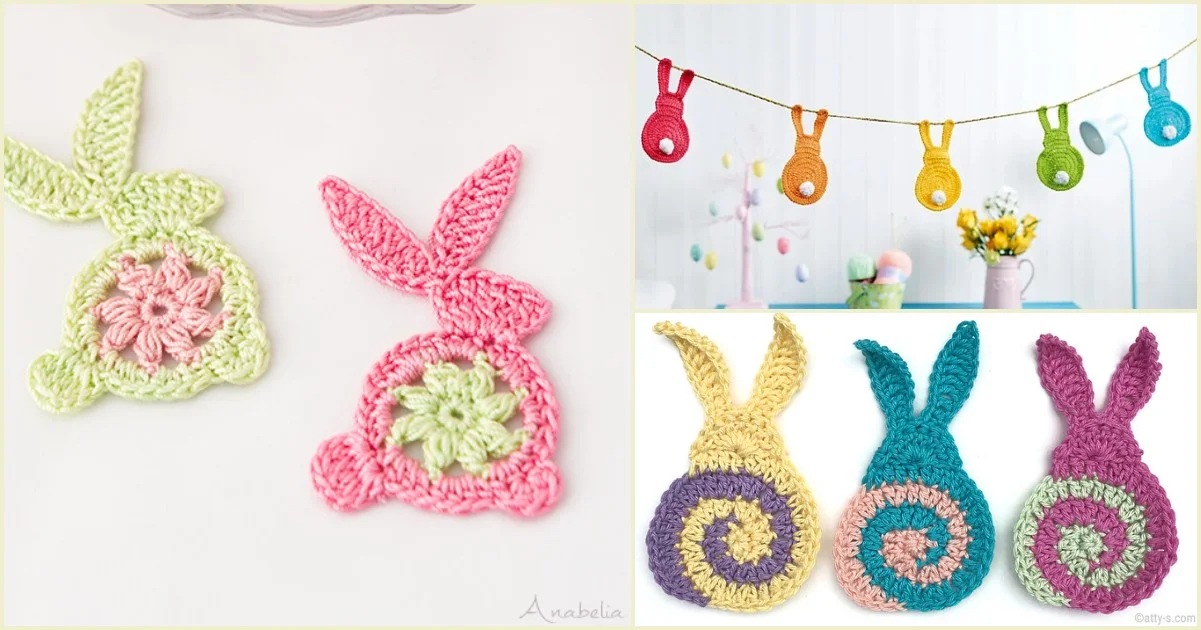 Crochet pieces shaped like rabbits and snail tails are artfully displayed; a string of colorful crocheted rabbits hangs as Easter bunny bunting in a room beautifully decorated with flowers.