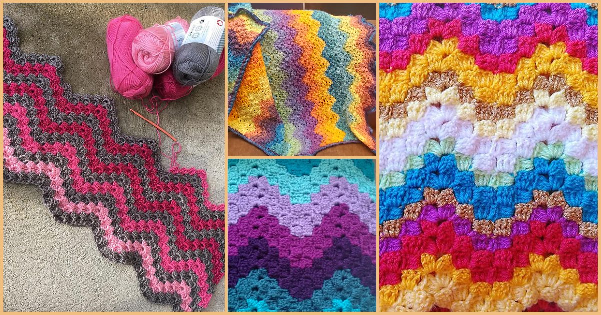 A collage of colorful crocheted blankets with vintage ripple patterns, accompanied by balls of pink and gray yarn on the top left.