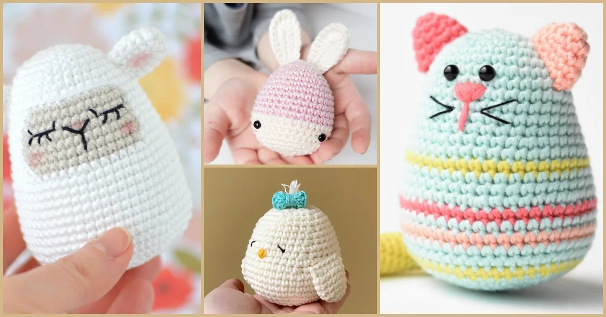 Four Easter amigurumi animal toys: a white lamb, a pink-eared bunny, a yellow chick with a blue bow, and a striped mouse with pink ears.