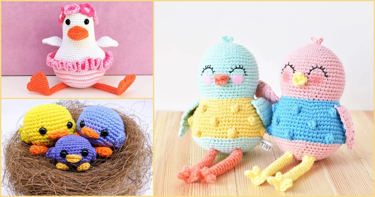 Crocheted birds are depicted: a sweet birdie duck in a pink outfit, two small birds in a nest, and two larger birds—one blue-yellow and the other pink-blue—sitting side by side.