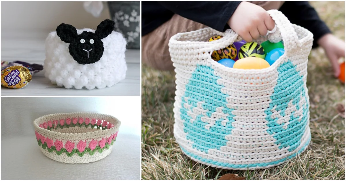 A delightful trio of Easter crochet baskets: one charmingly sheep-themed, another adorned with floral patterns, and a festive Easter egg-themed basket joyfully held by a child outdoors.