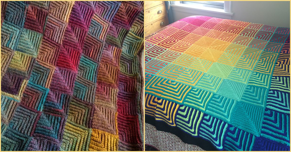 Two knitted blankets boast colorful geometric designs. The left features a random color array, while the right showcases a gradient from yellow to purple in a mitered square pattern. Both gracefully adorn beds, adding charm and warmth.