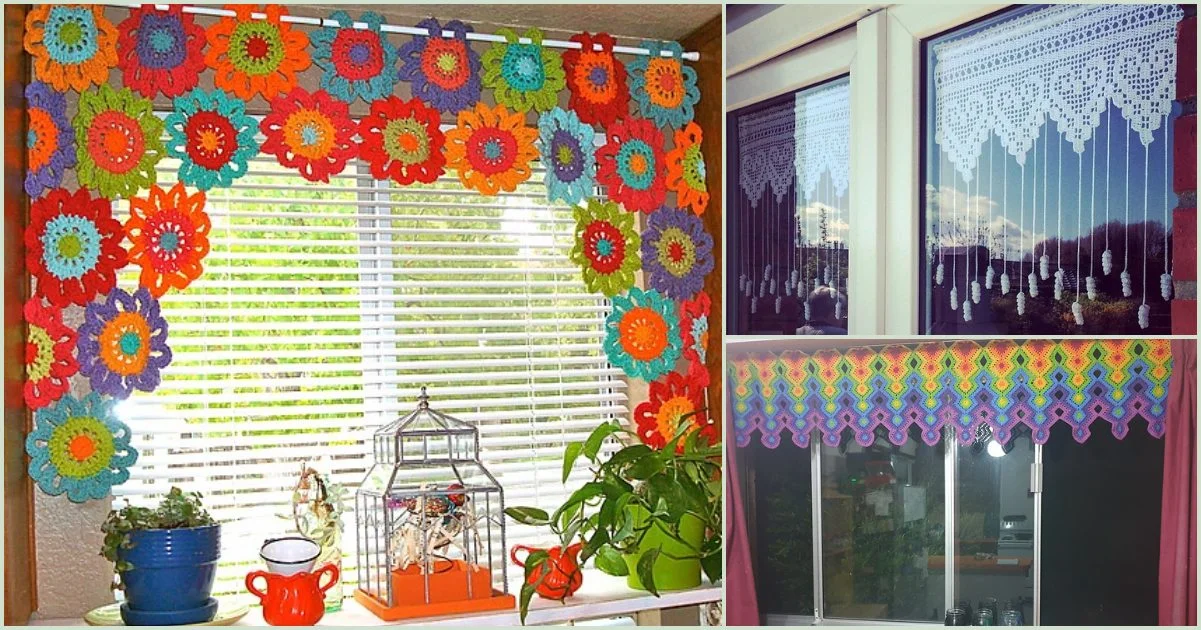 Explore our various curtain crochet patterns, featuring a colorful floral design over blinds, a delicate lace pattern on windows, and a vibrant multicolor zigzag motif.