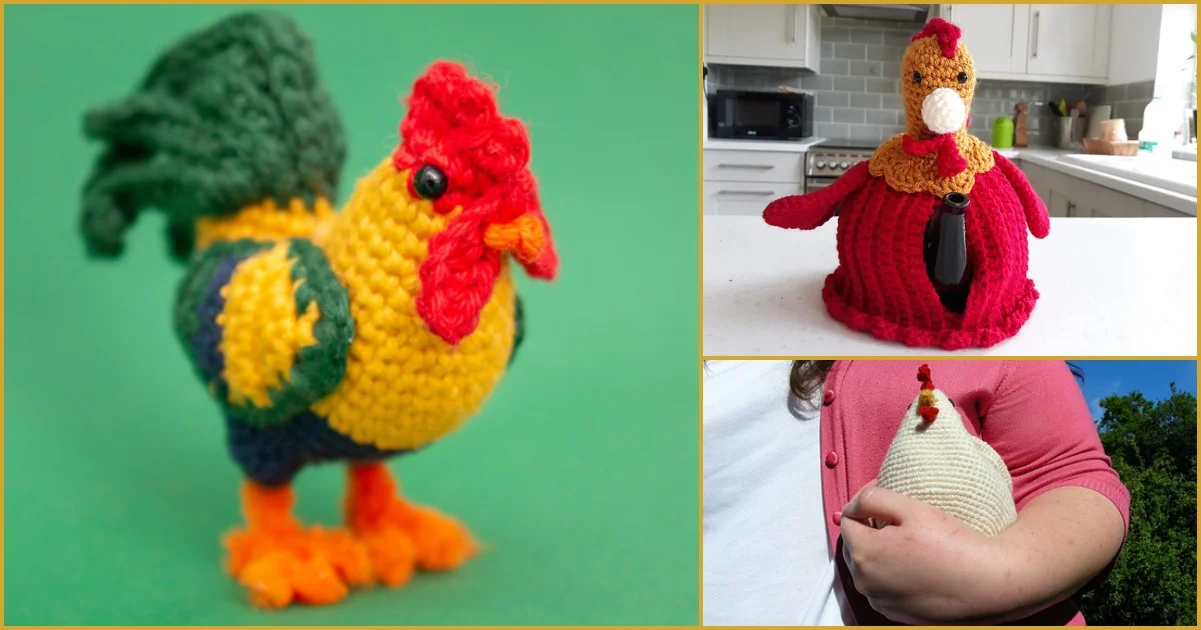 A whimsical rooster idea comes to life with a knitted rooster tea cozy adorning the kitchen counter, while outdoors, a woman proudly displays her chicken-shaped knitted creation.