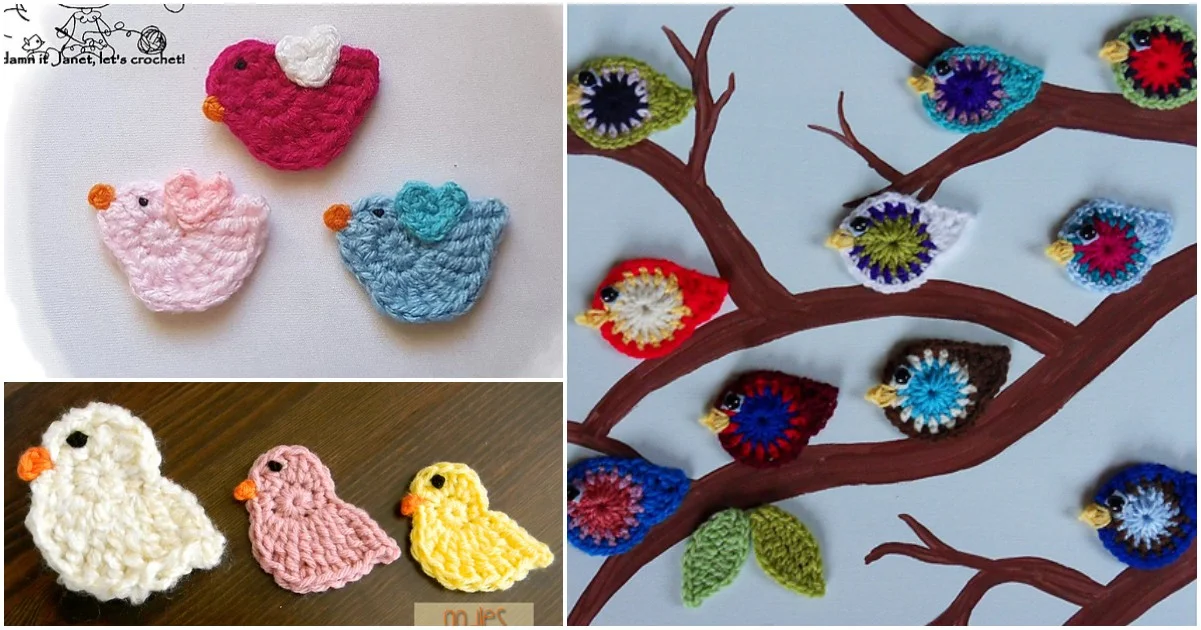 Crocheted birds of various colors create a charming display: top-left features four individual delights, while the bottom-left boasts three. On the right, a vibrant congregation perches on a branch. Each scene is enhanced with intricate bird appliques for added texture and whimsy.