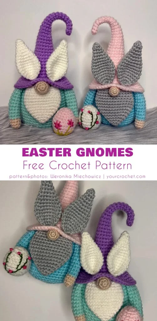 Two crocheted easter gnome dolls with pastel colors, large hats, and rabbit ears are displayed with a small decorated crochet egg. Text below advertises a free crochet pattern for Easter gnomes.
