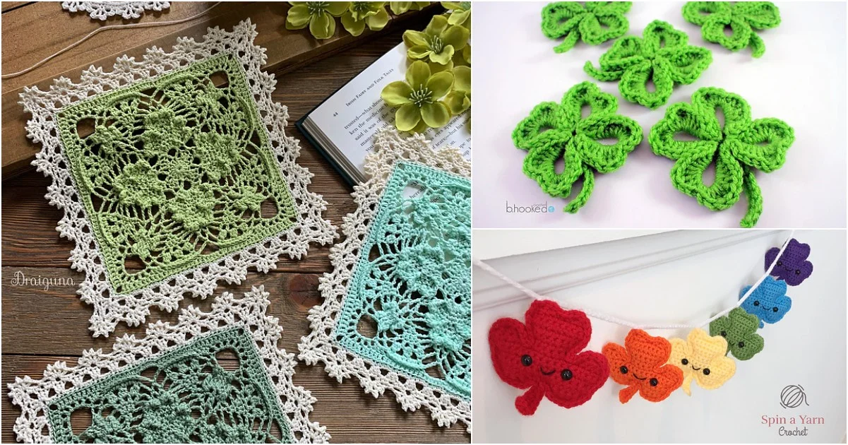 Various crochet projects: a green square doily with lace edges, a charming shamrock pattern, and a colorful leaf garland with smiles.