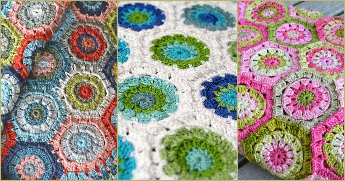 Explore the art of crochet with this hexagon how-to guide, featuring three blankets adorned in floral patterns. Dive into vibrant color schemes: blue and orange, green and blue, and pink and green. Each blanket showcases a unique touch of creativity.