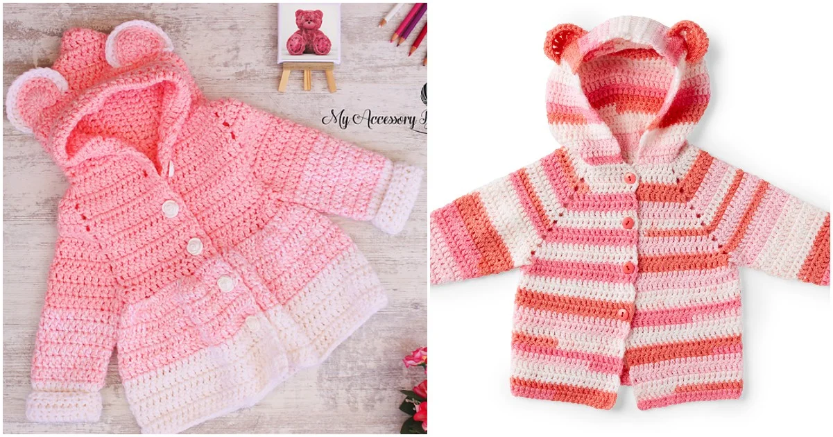 Two adorable crocheted baby cardigans, resembling teddy bear jackets, feature hoods with cute bear ears. One showcases a pink and white gradient, while the other sports cheerful pink and orange stripes, both resting charmingly on a wooden surface.