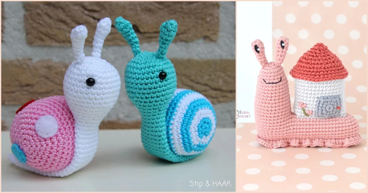 Crocheted snail toys: one cute amigurumi pink and white, one teal and white on the left; pink snail with house on shell on the right.