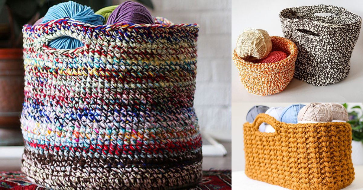 Crocheted stash baskets in various colors and sizes, filled with yarn balls.