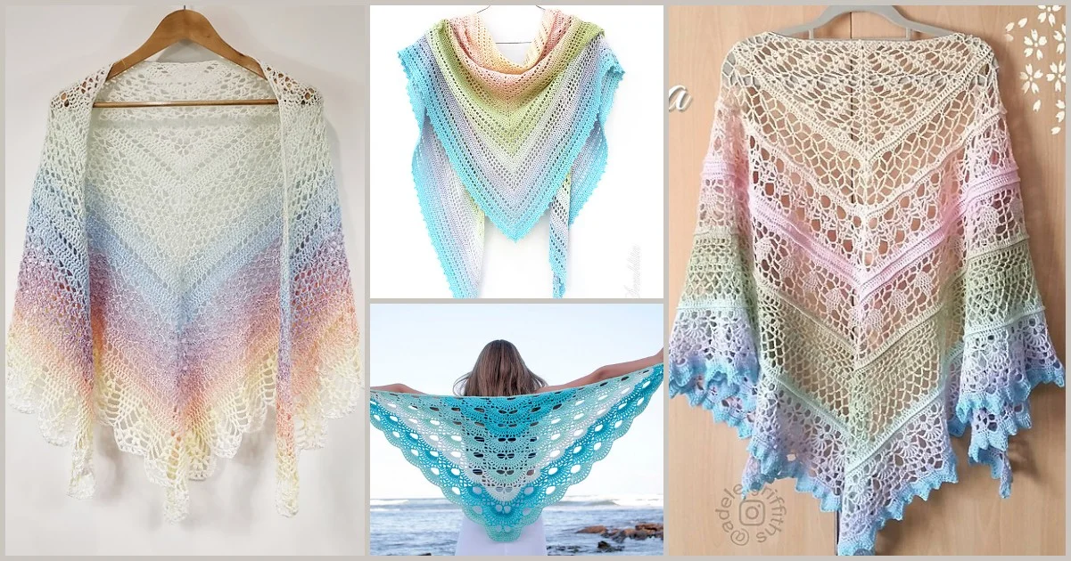 A collage of four crocheted shawls in pastel hues, featuring intricate patterns and ombre designs, displayed on hangers and worn. Each piece is crafted to be the best summer shawl, perfect for adding a touch of elegance to warm days.