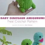 Three small crocheted baby dinosaur toys in yellow, green, and blue are displayed on a white background, with someone holding the green one in the foreground.