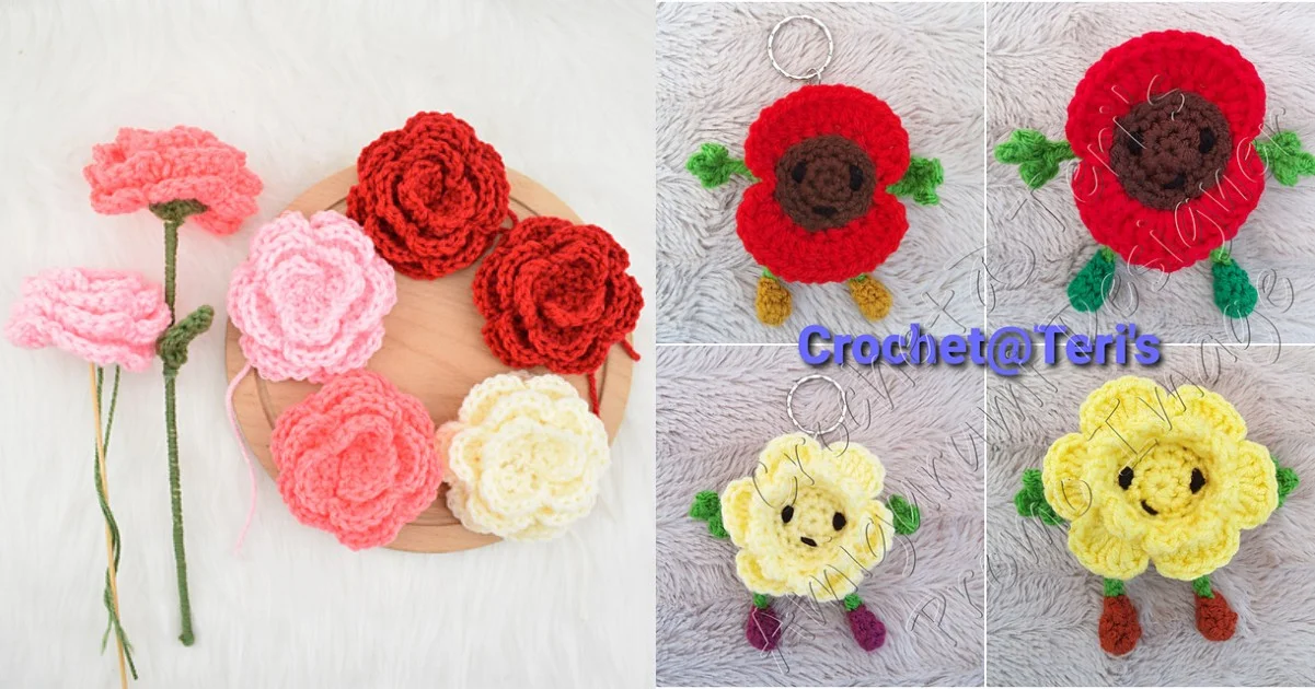 Displayed on a wooden surface and a white background, an array of crochet flowers, including roses and charming keychain characters, showcases intricate design reminiscent of a delicate flower crochet pattern.