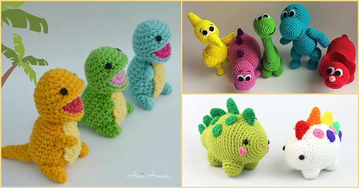 Three images of colorful crocheted dinosaur toys include a yellow, green, and blue baby dinosaur, a group of five dinosaurs, and two small dinosaurs with spikes.