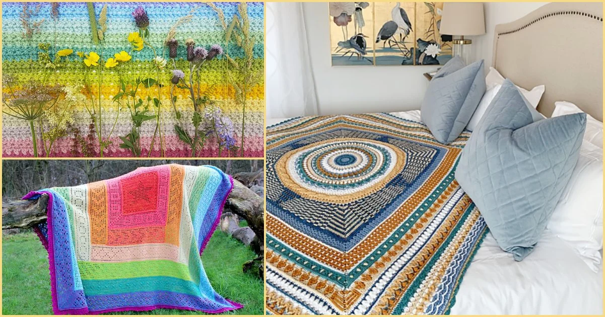 Three images: Top-left shows a crochet piece with flowers, bottom-left displays a colorful blanket CAL on a branch, and the right shows a crocheted blanket with geometric patterns on a bed.