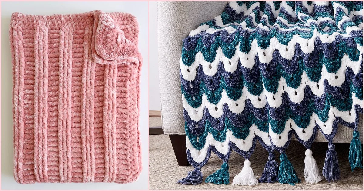 Two crochet blankets: a velvet pink ribbed pattern folded on the left and a multicolored scalloped pattern with tassels draped over a chair on the right.