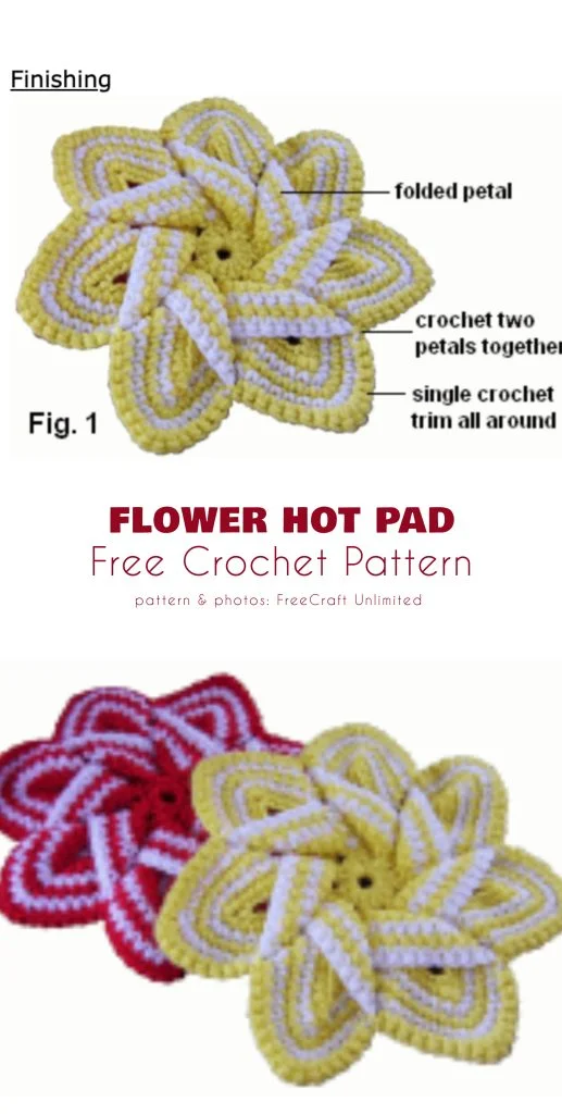 Crocheted floral hot pads in yellow and red color schemes, with labeled instructions showing how to fold and assemble the petals.