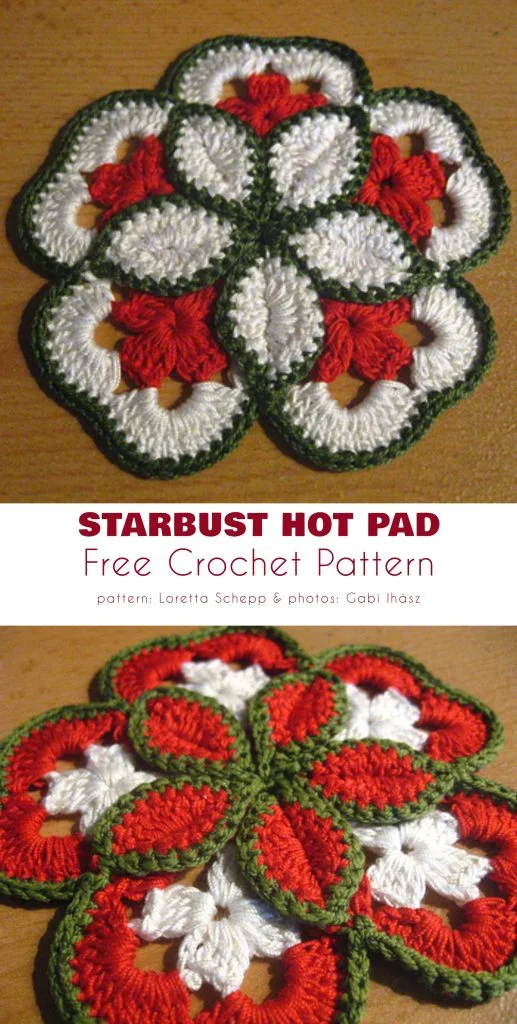 A crocheted floral hot pad featuring a starburst flower pattern in red, white, and green yarn, shown from above and angled views. Text below describes it as a free crochet pattern.