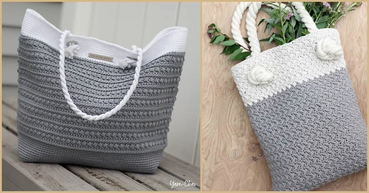 Two crochet bags with rope handles exude elegance; one is gray with a white top, while the other boasts a larger white top section and gray bottom. Both are displayed on wooden surfaces, enhancing their charm and making your crochet bag collection truly elegant.