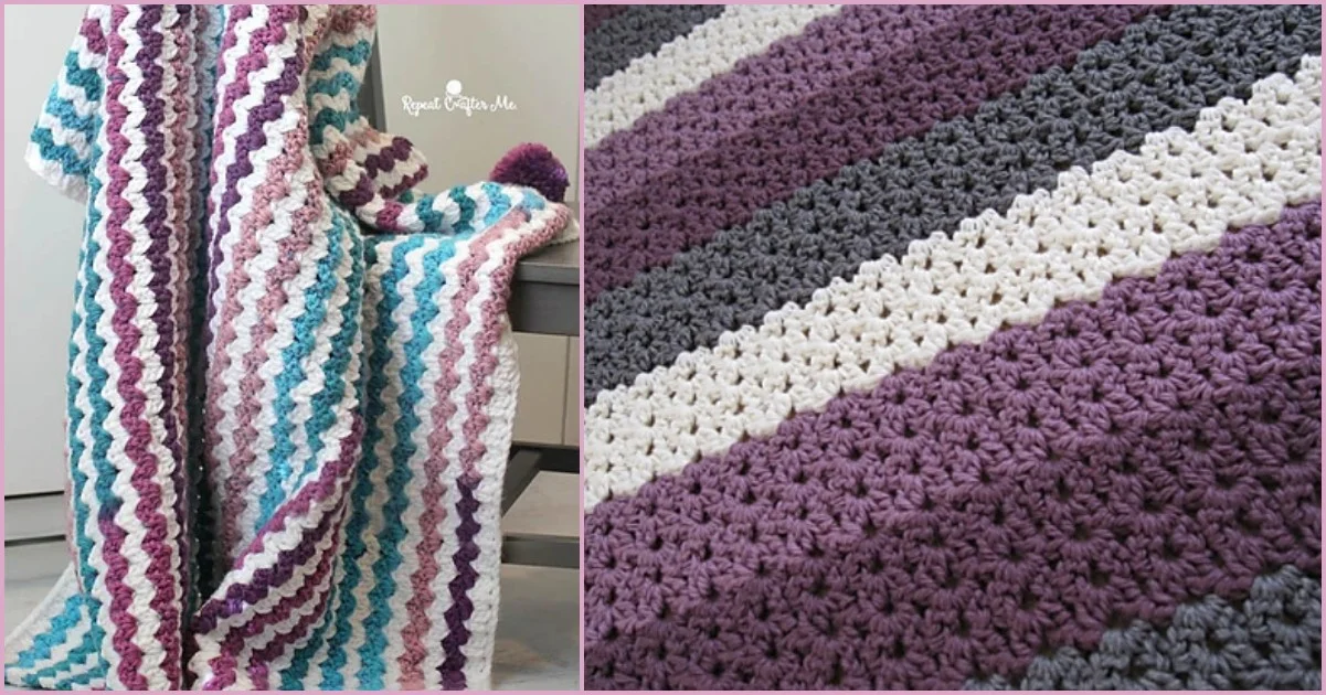 A crocheted cluster v-stitch blanket with a zigzag pattern is draped over a bench on the left, showcasing a close-up of the purple, gray, and white stripes on the right.