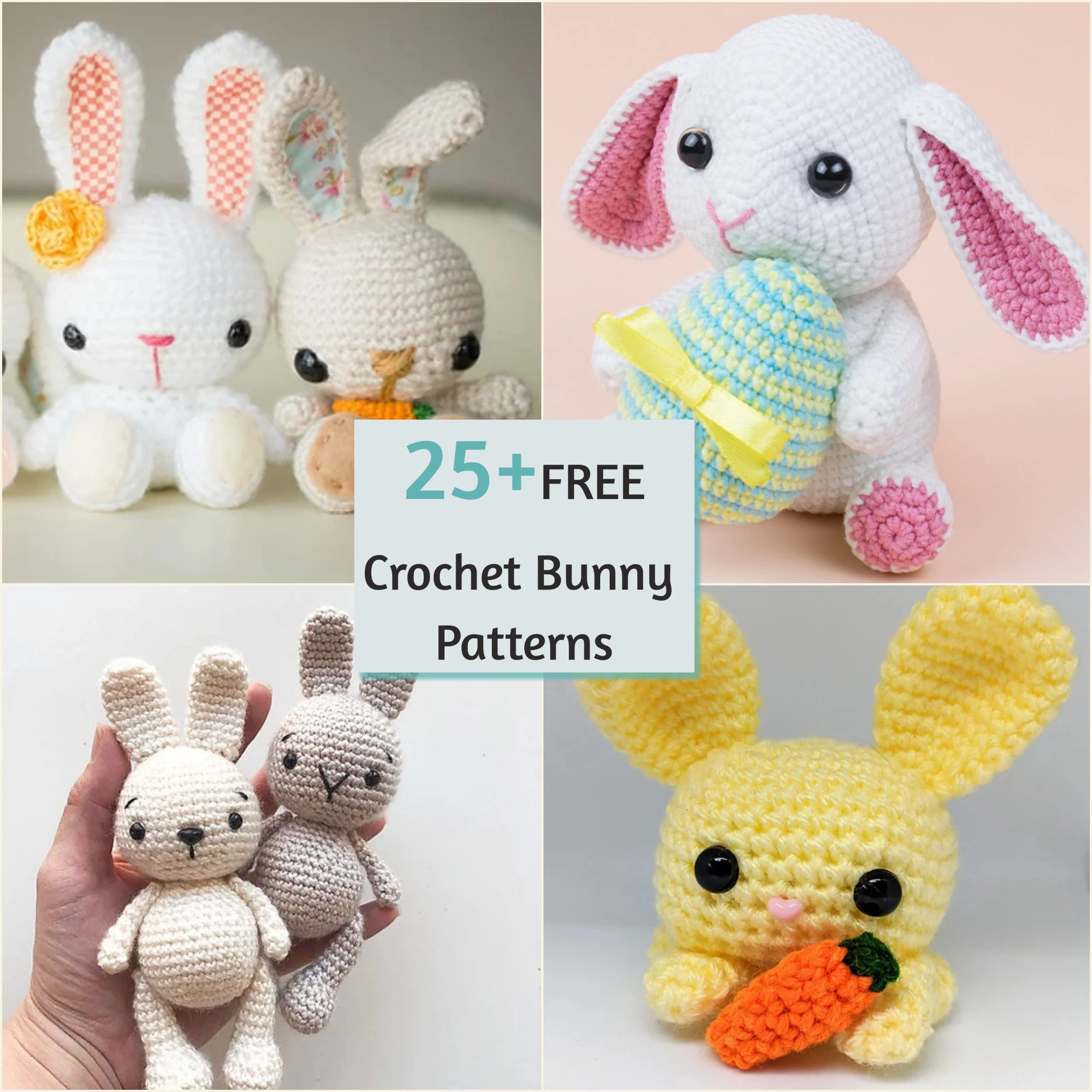 A compilation of images showcasing various handmade crochet bunny dolls, with a text overlay stating "25+ free crochet rabbit patterns".