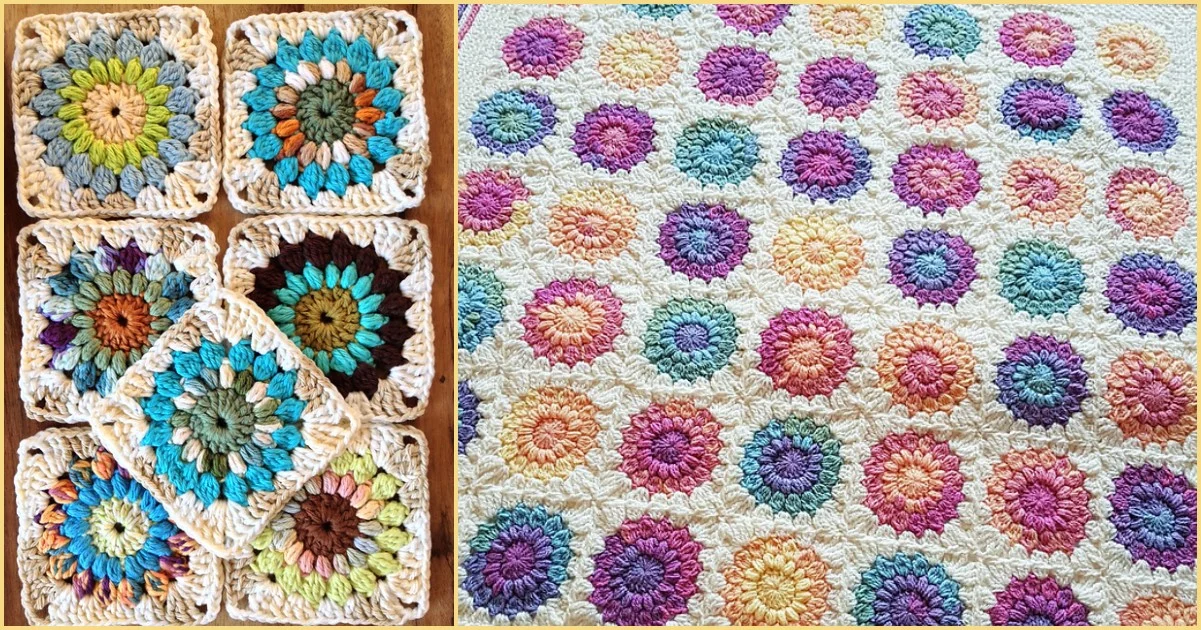 Crochet blanket featuring vibrant Sunburst Granny Square motifs, with colorful mandala patterns arranged in squares on the left and a full blanket on the right.