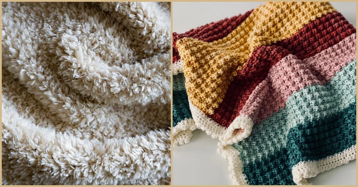 Close-up of two blankets: the left is a fluffy fur yarn blanket in beige, while the right is textured with horizontal stripes in yellow, red, pink, and green.