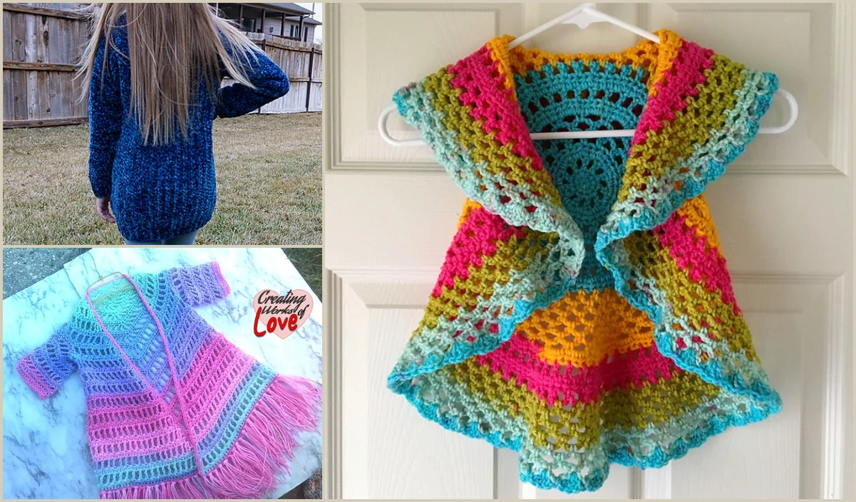 Collage with a blue knitted sweater worn outdoors, a colorful crochet vest hanging on a door, and a multicolored crocheted girl's cardigan with fringe laid flat.