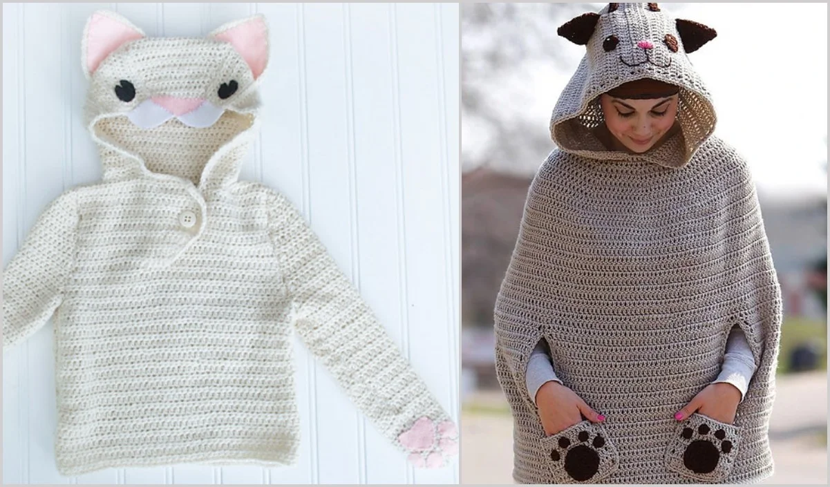 A crocheted beige hoodie with cat ears on the left and a woman in a hearty, cat-themed poncho with hood on the right. Both feature playful paws and facial details.