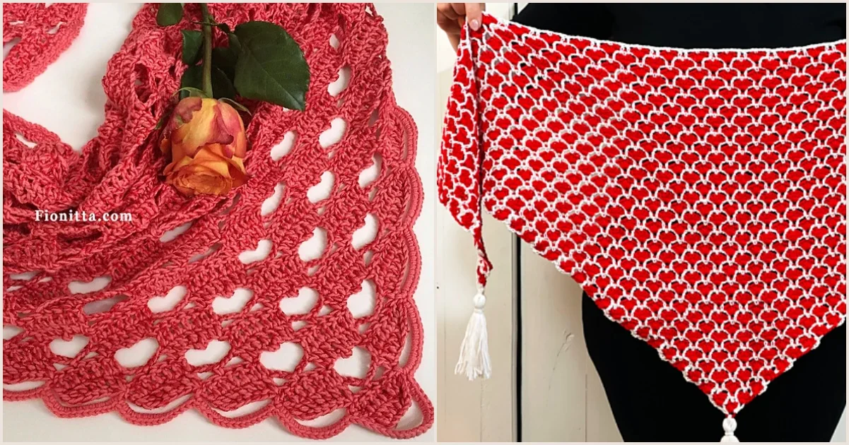 Two crochet triangle shawls: the first is a hearty pink with a lace pattern and a delicate rose, while the second features bold red and white stripes adorned with playful tassels.