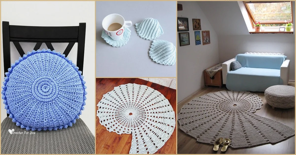 Collage of crochet crafts: a blue circular cushion on a chair, crochet seashell coasters with a cup, a spiral rug on the floor, and a cozy room featuring an armchair, rug, and small couch.