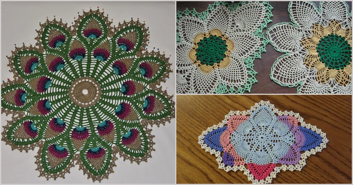 Three crochet doilies: a large, circular multicolored doily on the left, two floral-patterned doilies on the top right, and a diamond-shaped, multicolored doily reminiscent of intricate crochet rectangle shawls on the bottom right.