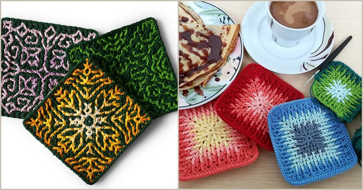 Colorful crochet mosaic squares with intricate patterns are laid next to a cup of coffee and a plate of crepes, evoking the charm of a cozy potholder.