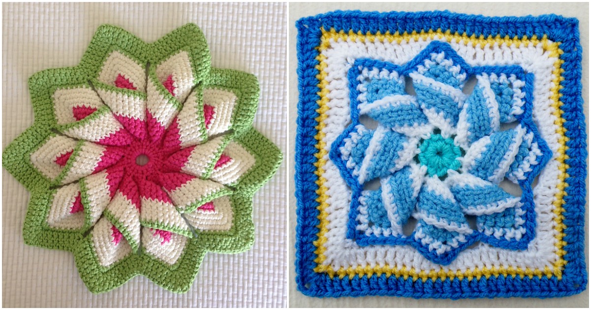 Two crocheted designs: a pink and green star potholder-shaped pattern on the left and a blue and white square pattern with a floral center on the right.