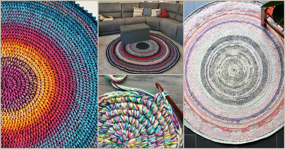 A collage of four scrap round crochet rugs in vibrant hues, each beautifully placed in different settings. One rug graces a living room, while close-up views highlight the intricate crochet stitches of these unique creations.