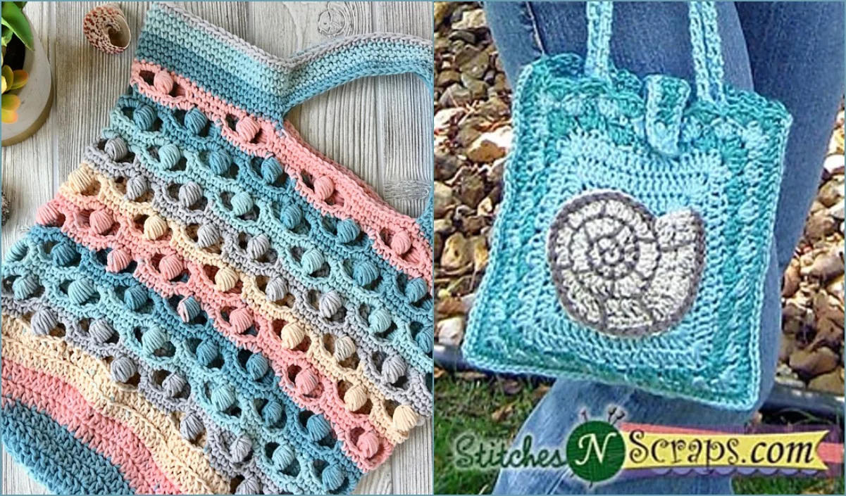 Two delightful crochet bags: one with pastel open weave stripes on the left, and a charming crochet seashell design on the right.