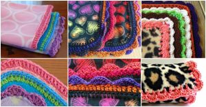 Collage of six polar fleece baby blankets with colorful crocheted edges, featuring various patterns including hearts, leopard print, and geometric designs.