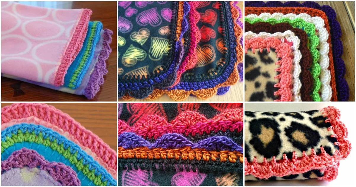 Collage of six polar fleece baby blankets with colorful crocheted edges, featuring various patterns including hearts, leopard print, and geometric designs.