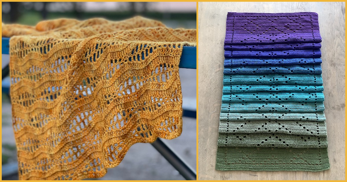 Two knitted blankets: one in a golden yellow wavy pattern draped over a blue support, resembling a cozy crochet rectangle shawl, and the other in a gradient from purple to green folded neatly.