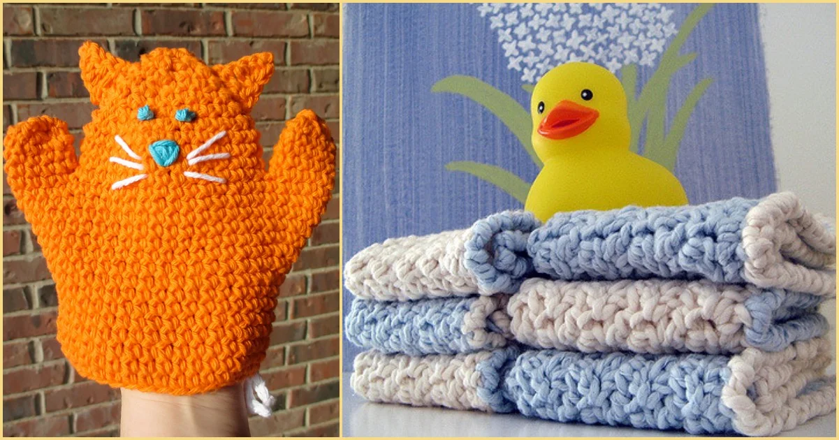 A knitted orange cat puppet sits beside a stack of soft baby washcloths, skillfully crocheted in blue and white, with a cheerful rubber duck perched on top.