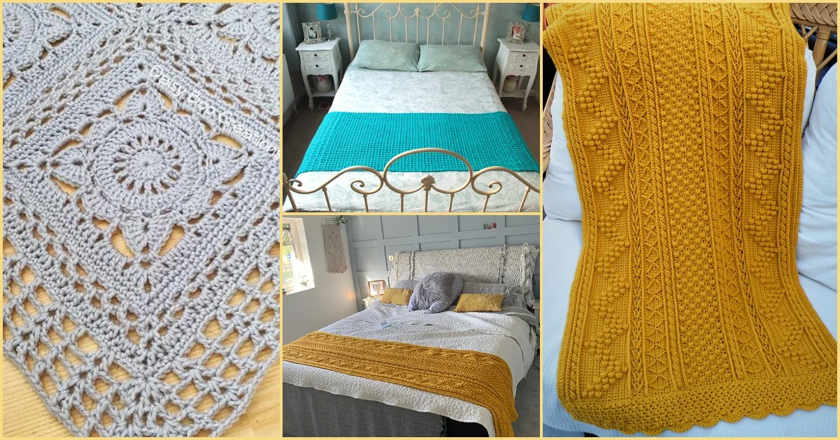 A collage showcasing a gray crochet detail, a bed with a turquoise blanket and a stylish bed runner, alongside another bed adorned with a mustard crochet cover.