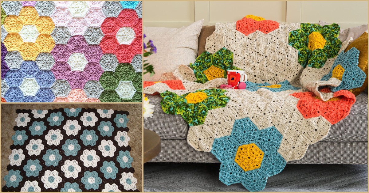 Collage of crochet blankets: a vibrant hexagon flower blanket, beige with multicolored accents on a couch, and a design with blue, white, and black hexagons.