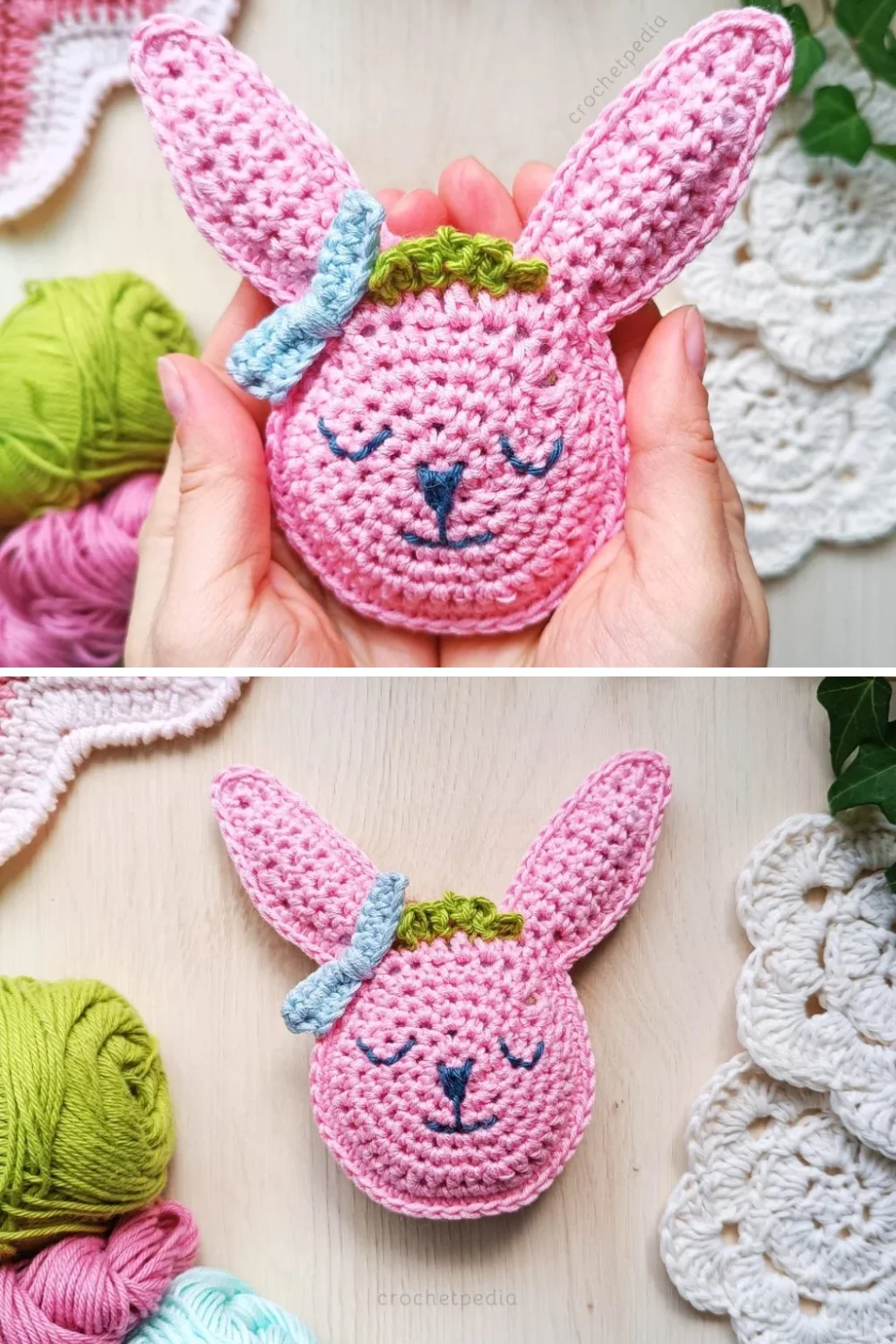 two pictures of pink crochet ragdoll bunny head adorn with a bow