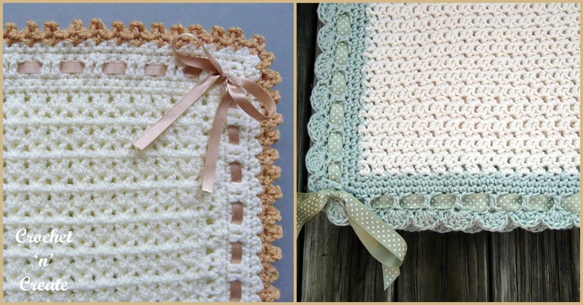 Two charming crocheted baby blankets with scalloped edges and ribbon accents are displayed side by side. The left blanket features a white hue with beige highlights, while the right is a cream delight with a green-ribbon border.